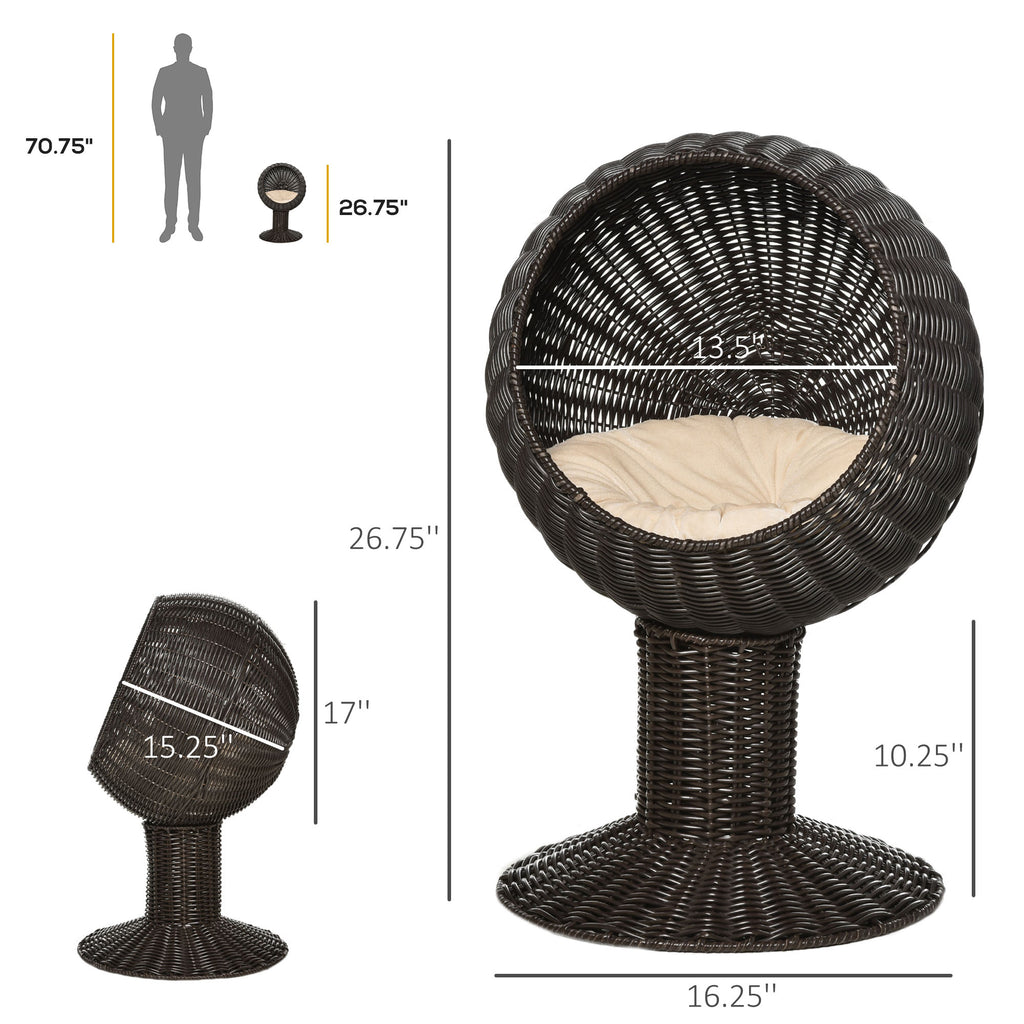 Elevated Cat Bed with Rotatable Egg Chair Pod, Cat Basket Bed with Thick Cushion, Natural Mat Grass Woven Kitty House, Coffee CITADEL