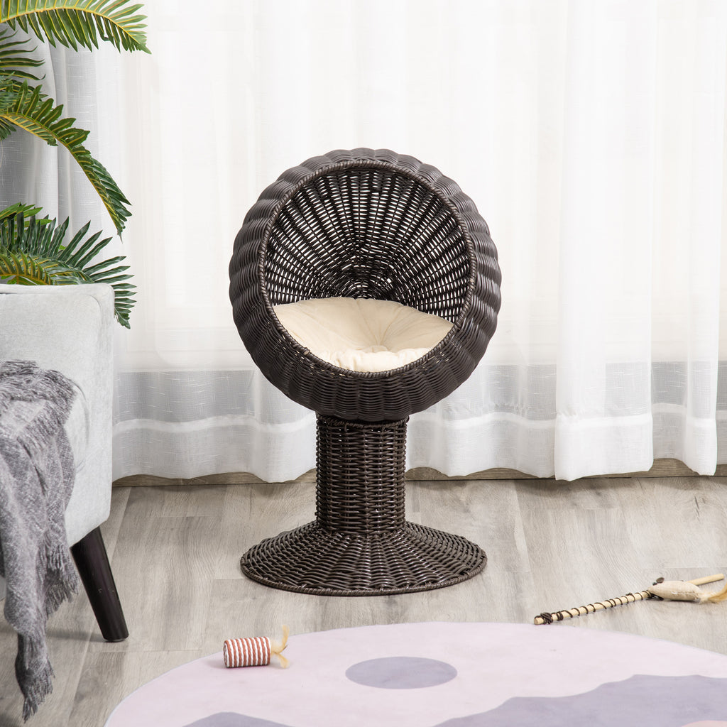 Elevated Cat Bed with Rotatable Egg Chair Pod, Cat Basket Bed with Thick Cushion, Natural Mat Grass Woven Kitty House, Coffee CITADEL