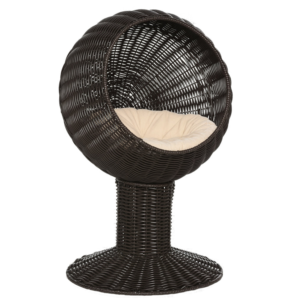 Elevated Cat Bed with Rotatable Egg Chair Pod, Cat Basket Bed with Thick Cushion, Natural Mat Grass Woven Kitty House, Coffee CITADEL