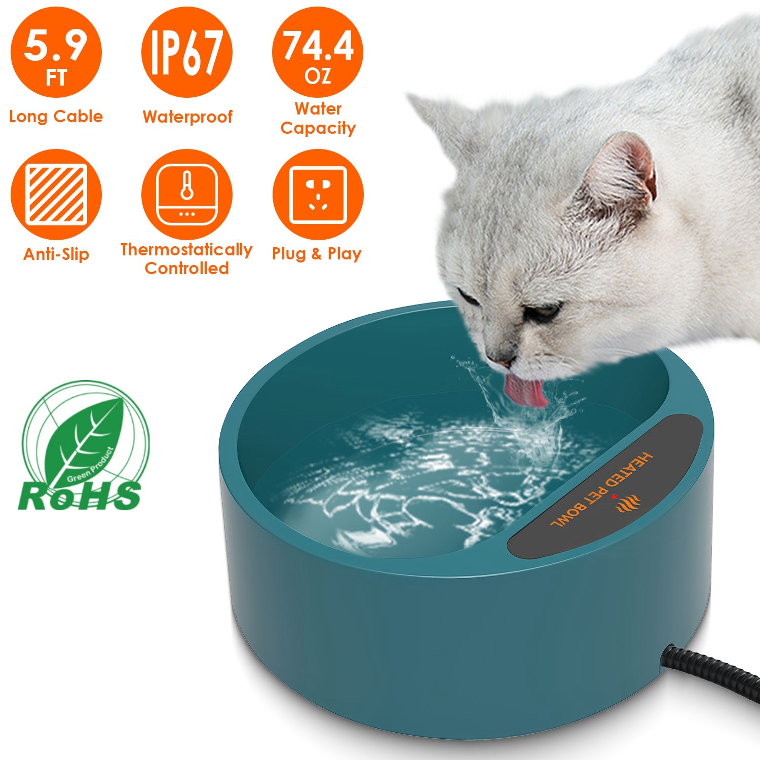 1Pc Heated Water Bowl For Dog Cat 74.4OZ Heating Water Dish IP67 Waterproof Thermal Water Bowl Heated Pet Bowl Dog Cat Water Feeder Bowl For Dog Cat Rabbit Pet CITADEL