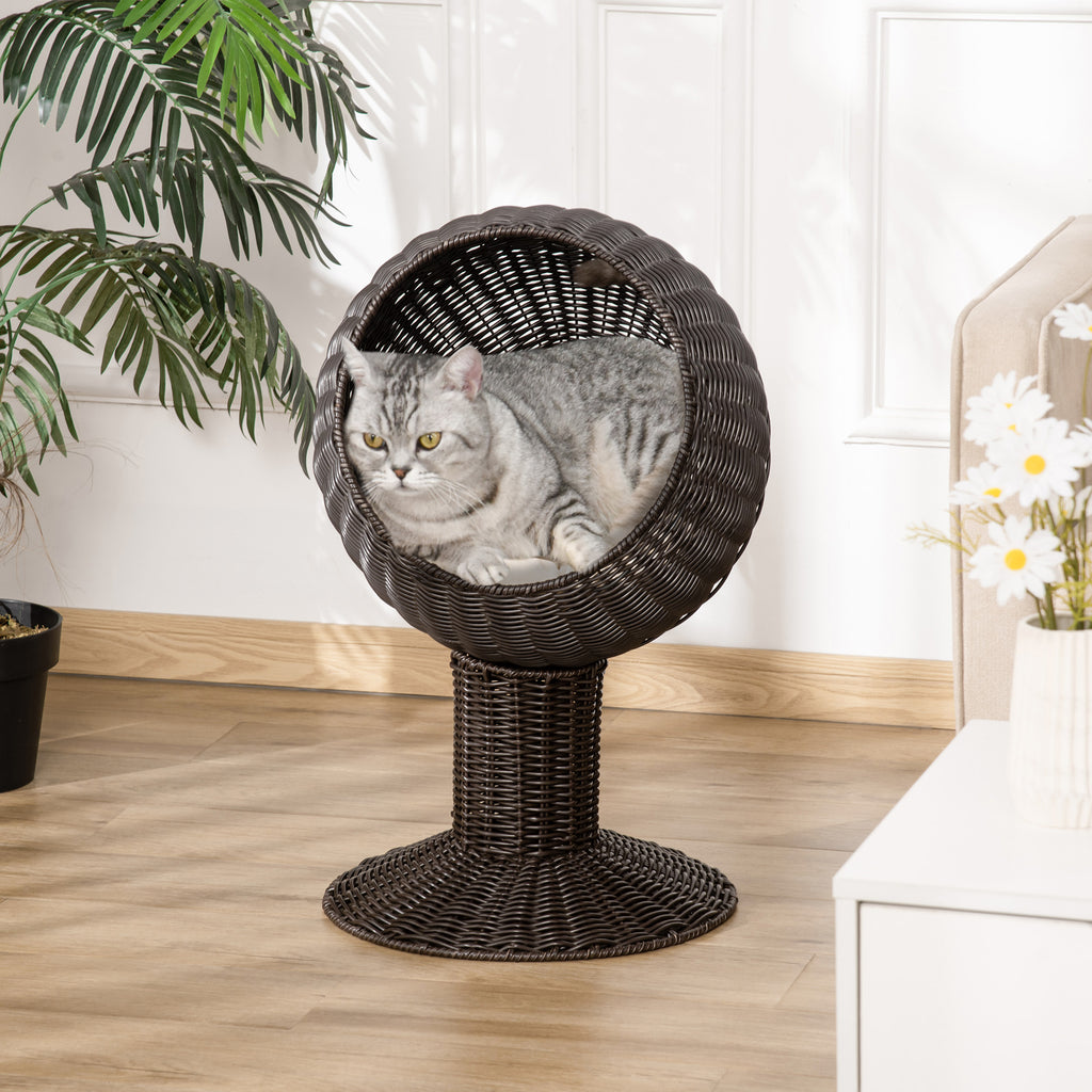 Elevated Cat Bed with Rotatable Egg Chair Pod, Cat Basket Bed with Thick Cushion, Natural Mat Grass Woven Kitty House, Coffee CITADEL