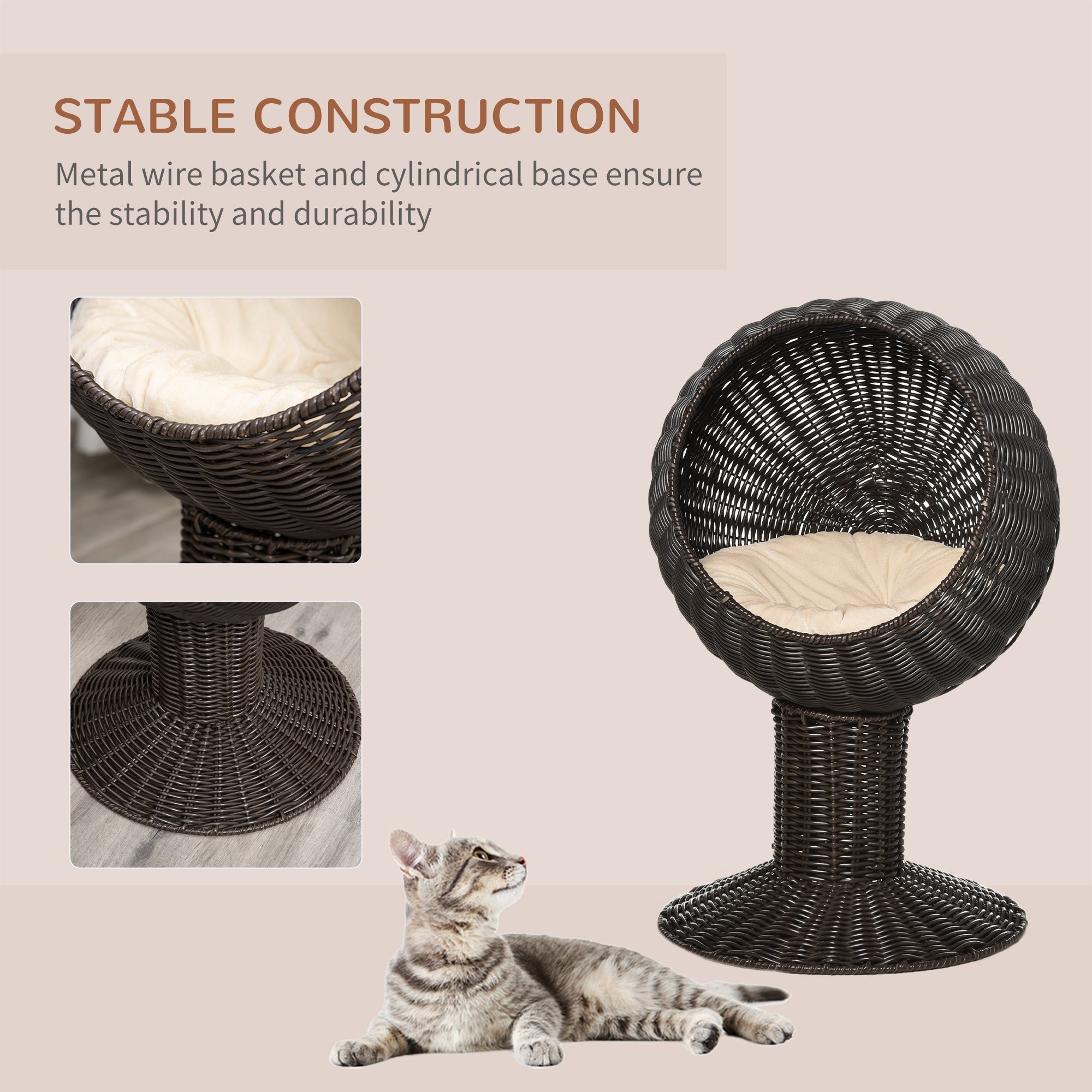 Elevated Cat Bed with Rotatable Egg Chair Pod, Cat Basket Bed with Thick Cushion, Natural Mat Grass Woven Kitty House, Coffee CITADEL