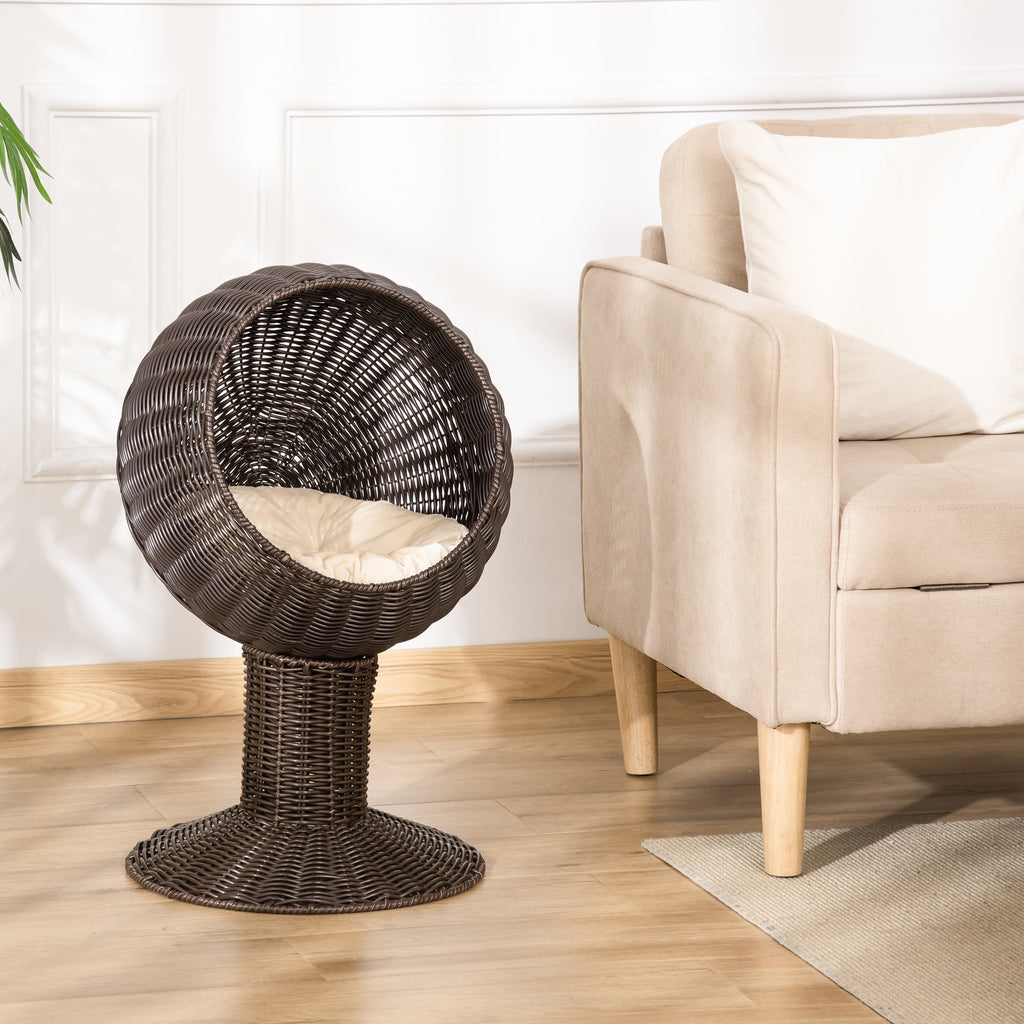 Elevated Cat Bed with Rotatable Egg Chair Pod, Cat Basket Bed with Thick Cushion, Natural Mat Grass Woven Kitty House, Coffee CITADEL